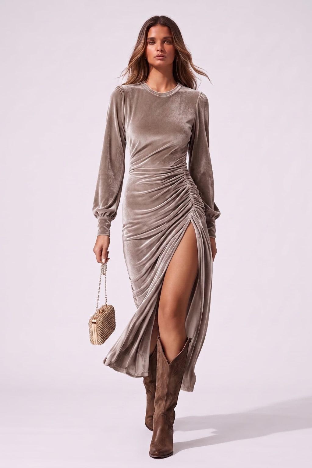Sheath-Column Tea Length Velvet Wedding Guest Dress CG0370 - Taupe - COCOMELODY